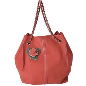 Auth CHANEL Red Caviar Leather Camellia Tote Bag Chain Large Shopper w/ Pouch